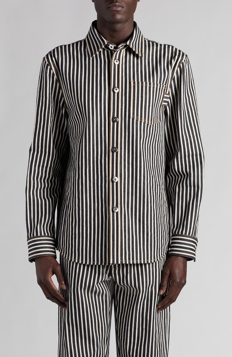 Bottega Veneta Regular Fit Engineer Stripe Cotton Drill Button-Up Shirt, Main, color, 4037 Navy/ Ecru