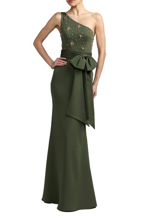 Beaded One Shoulder Crepe Gown With Bow