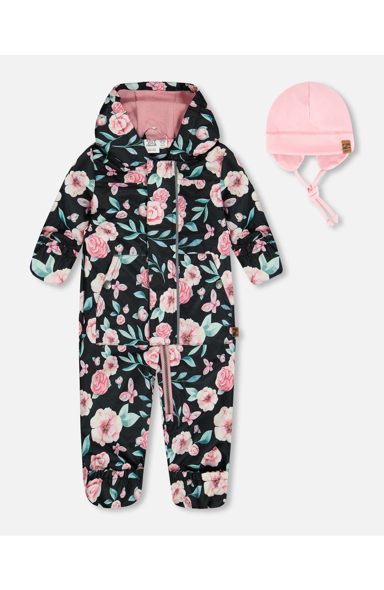 Deux par Deux Baby Girl's Baby Printed Mid-Season One-Piece Outerwear With Hat Pink, Black, And Flowers, Main, color, Pink, Black, And Flowers