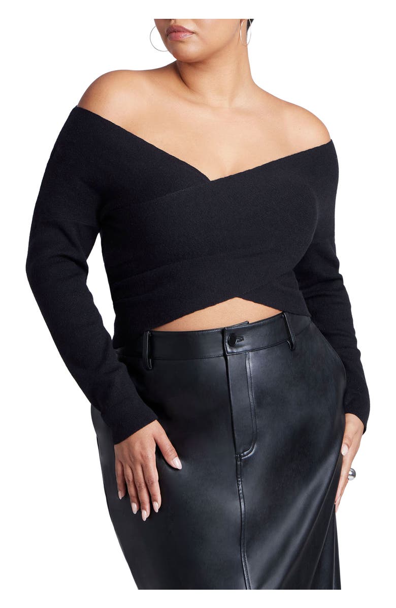 ELOQUII Wrap Front Cropped Sweater, Main, color, Black