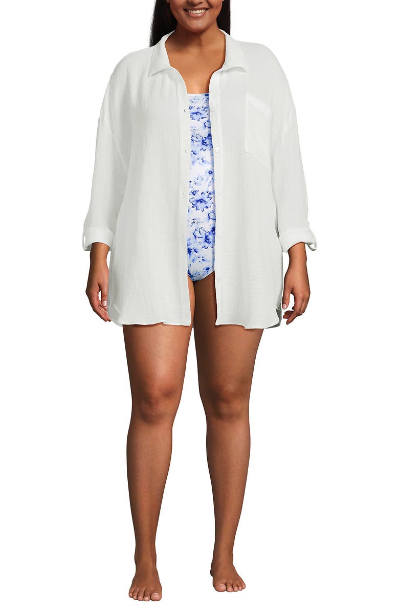 Lands' End Oversized Gauze Button Front Cover-Up Shirt, Alternate, color, White
