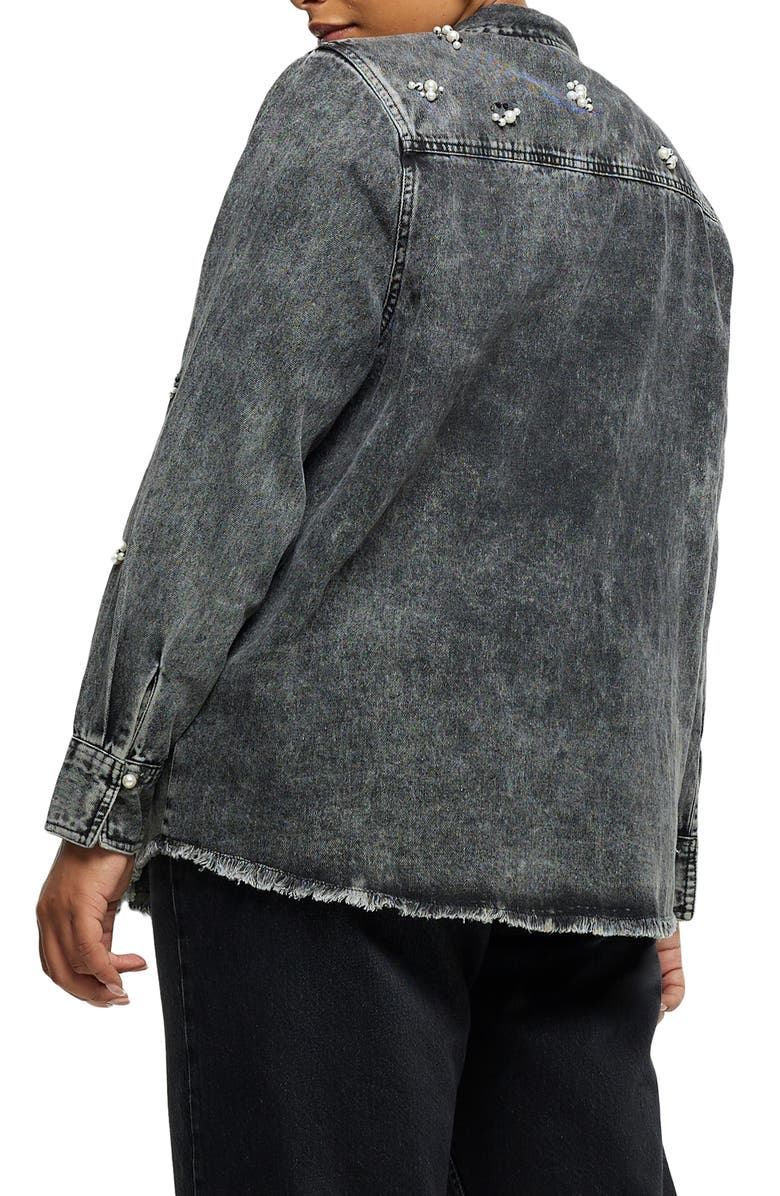 River Island Faux Pearl Embellished Denim Button-Up Shirt, Alternate, color,