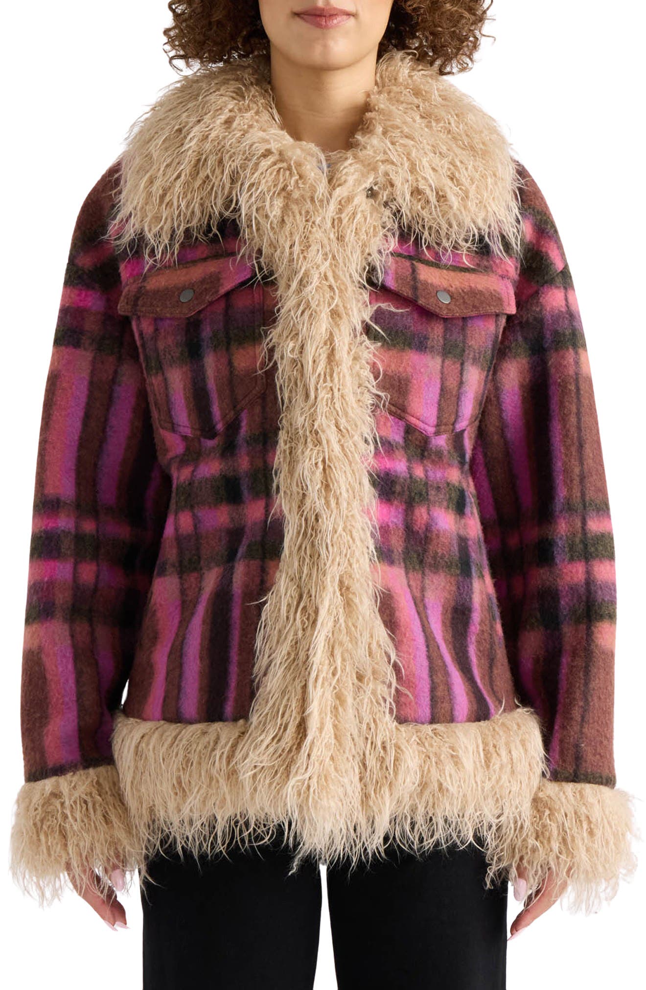 Jazz Faux Wool Shacket with Faux Fur Trim