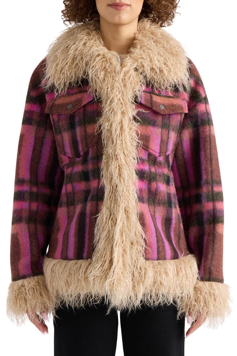 Jazz Faux Wool Shacket with Faux Fur Trim, Main, color, RUST PLAID