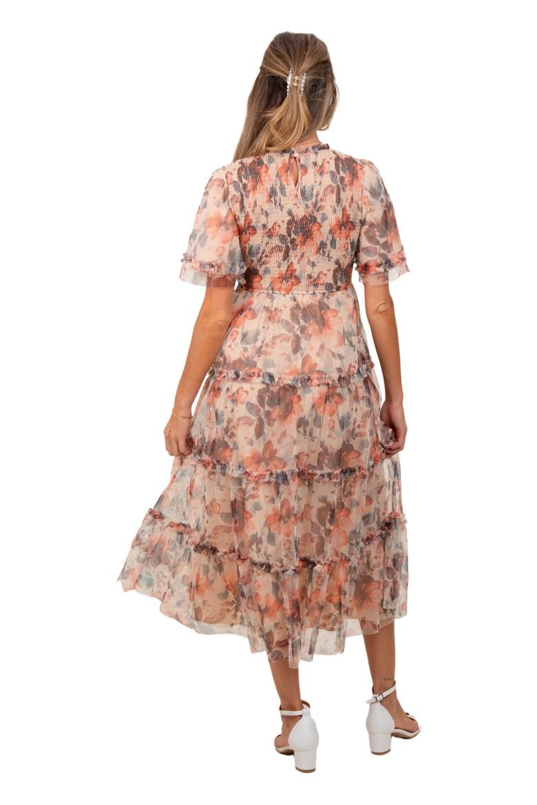 Floral Mesh Smocked Midi Dress, Alternate, color, Peach