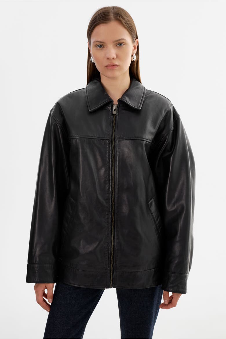 THEIA | Leather Bomber Jacket, Alternate, color, Black