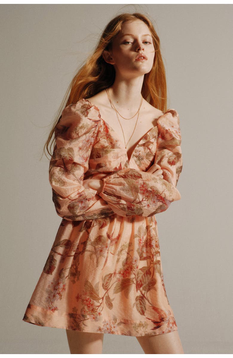 H&M Tie-detail Puff-sleeved Dress, Alternate, color, Peach Pink/Floral