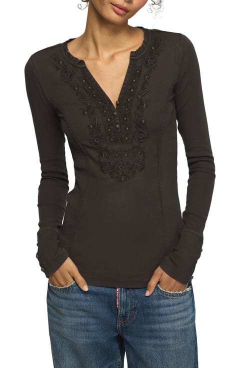 Floral Appliqué Cotton Henley Top