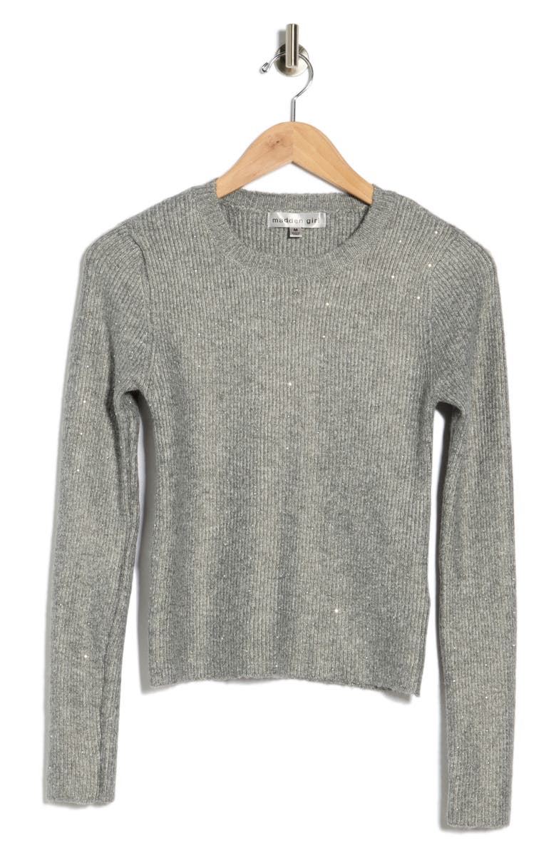 Madden Girl Rhinestone Ribbed Crop Sweater, Alternate, color, Medium Grey Heather Combo