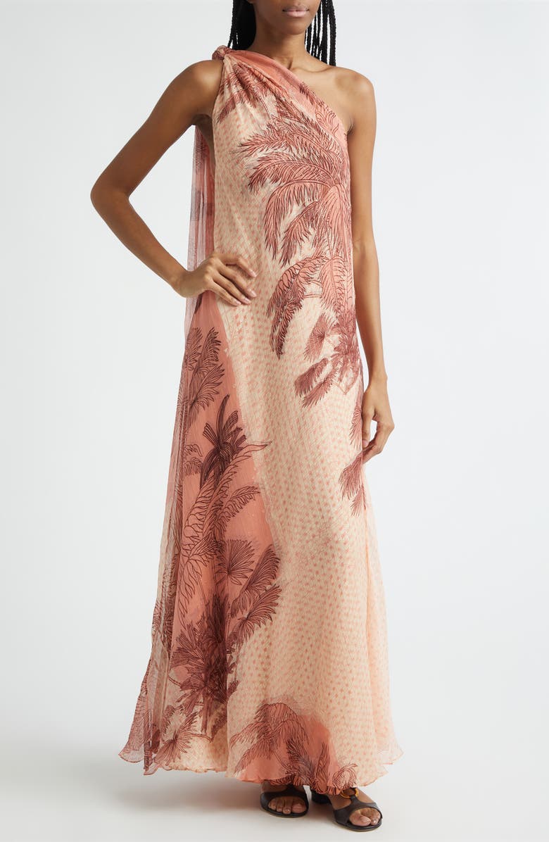 Johanna Ortiz Freedom Palm Print Metallic Silk Crêpe de Chine Maxi Dress, Alternate, color, Ecru / Peach