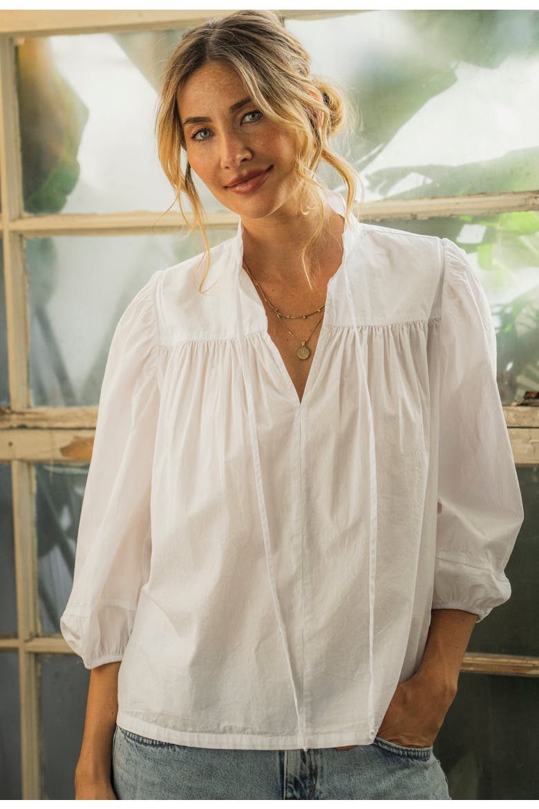 Cotton Tie Neck 3/4 Sleeve Top, Alternate, color, White