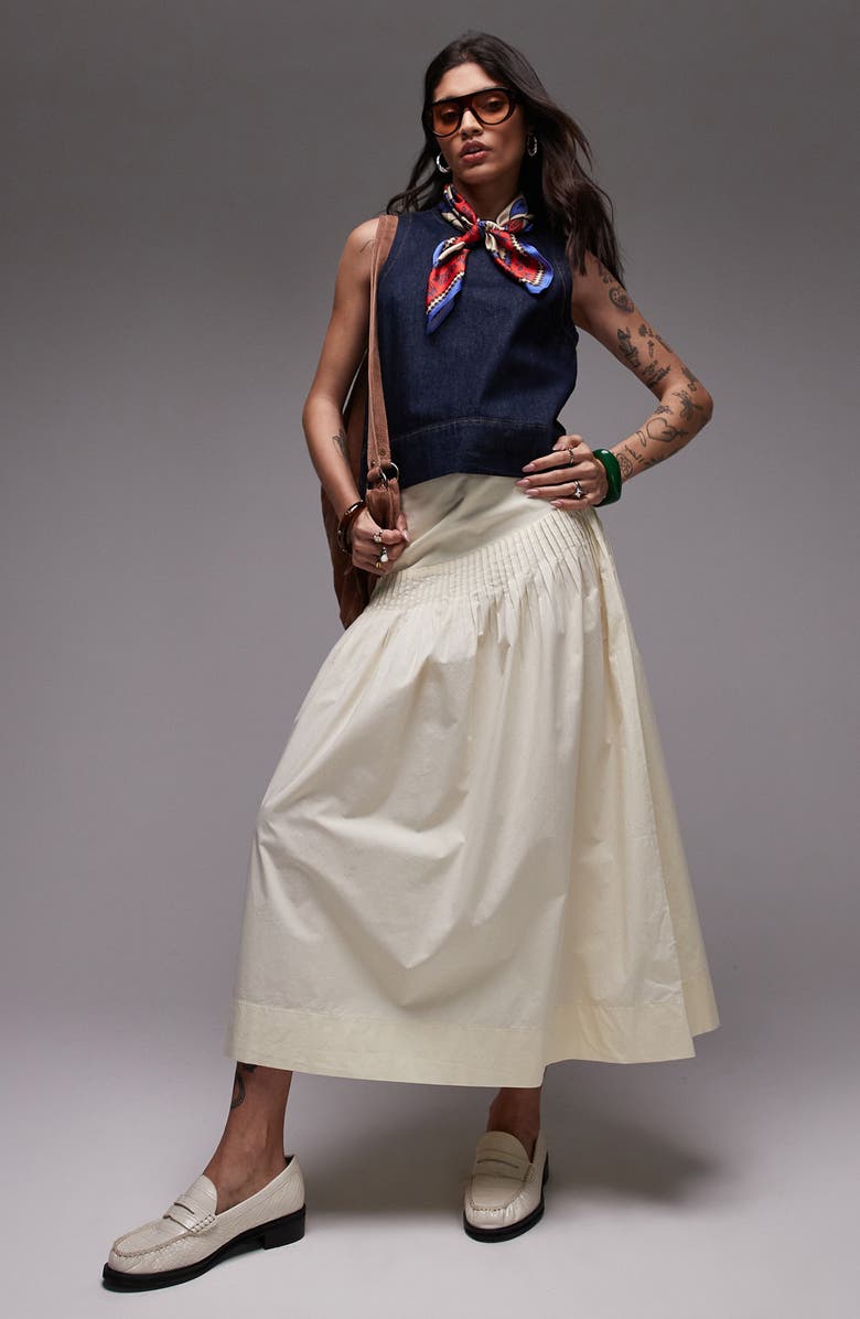Topshop Pintuck Cotton Poplin Maxi Skirt, Alternate, color, Cream