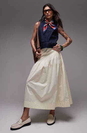 Pintuck Cotton Poplin Maxi Skirt