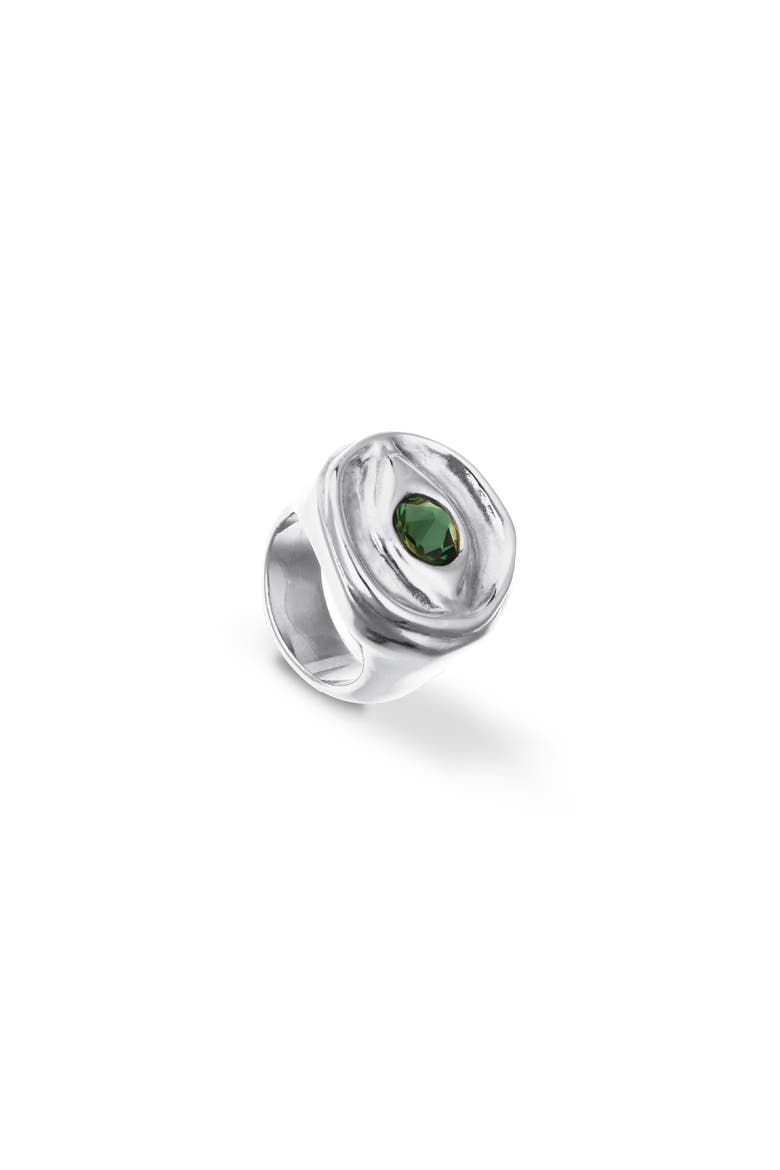 Sterling Silver Plated Signet Ring in the Shape of an Eye with Green Faceted Crystal, Alternate, color, Silver