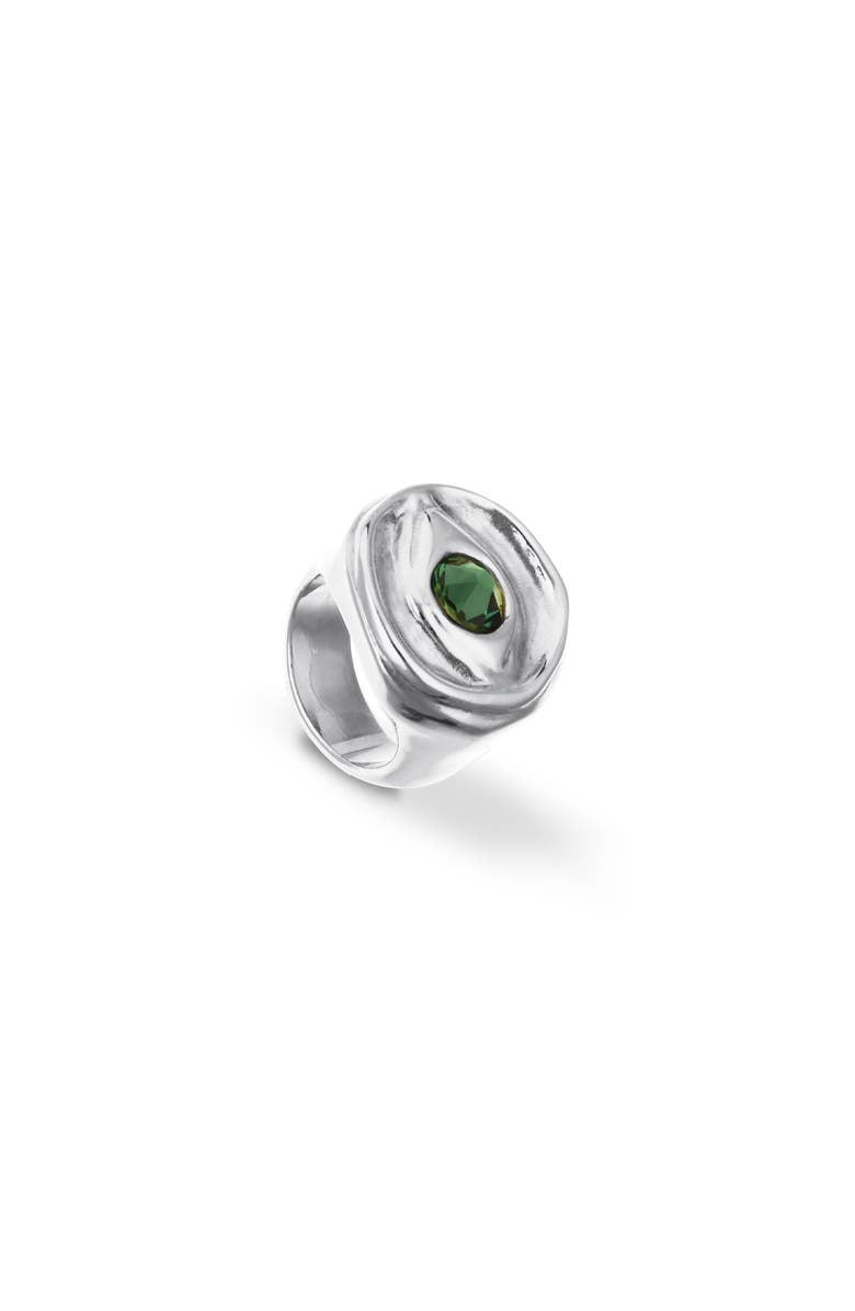 UNODE50 Sterling silver plated signet ring in the shape of an eye with green faceted crystal, Alternate, color, Silver