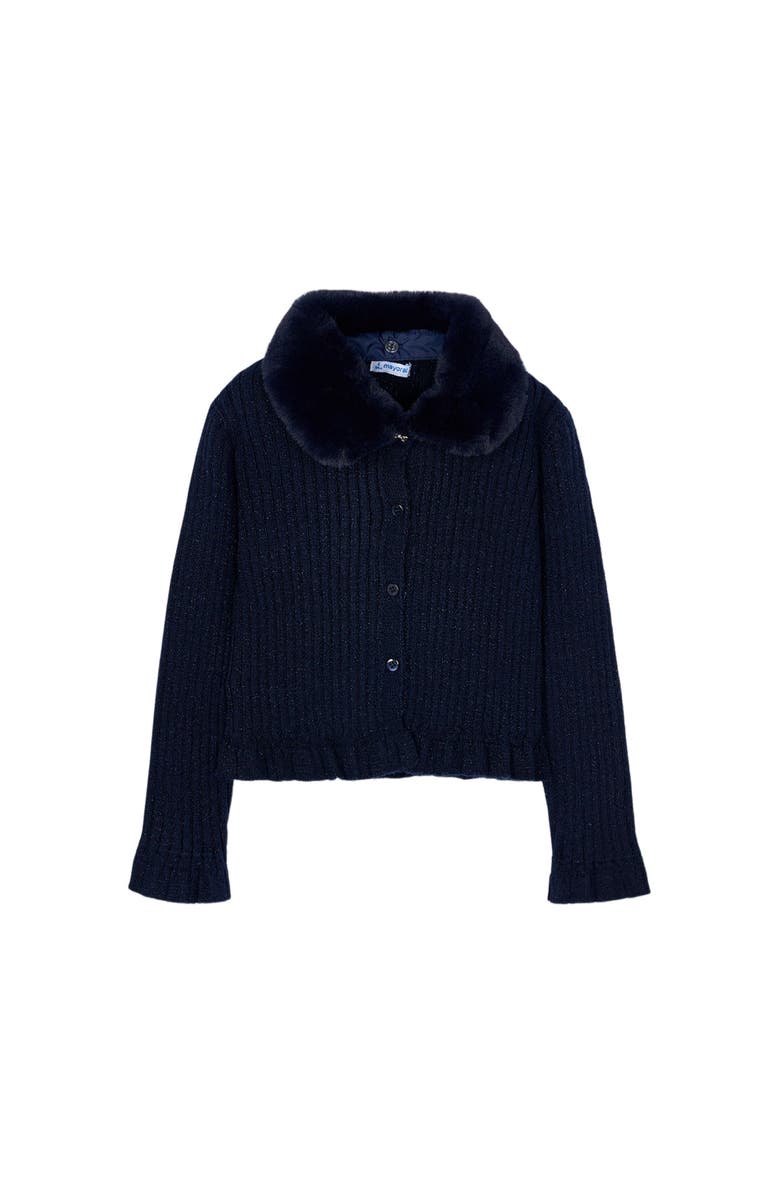 Mayoral Cardigan with Faux Fur Collar, Main, color, Navy