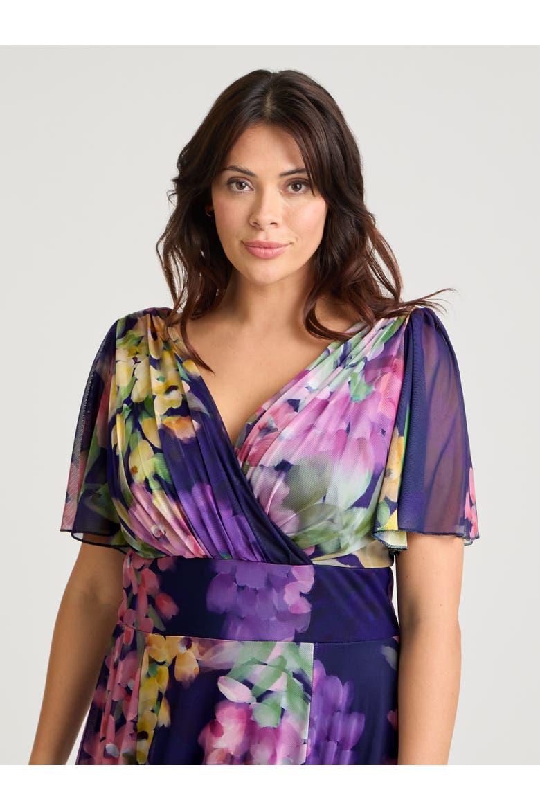 Victoria Floral Angel Sleeve Midi Dress, Alternate, color, Navy Purple Multi