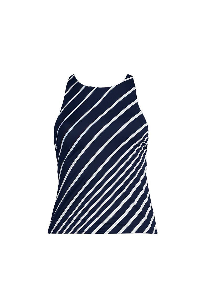 Plus Size Tugless High Neck Strappy Back Tankini Swimsuit Top, Alternate, color, Navy/White Variegated Stripe