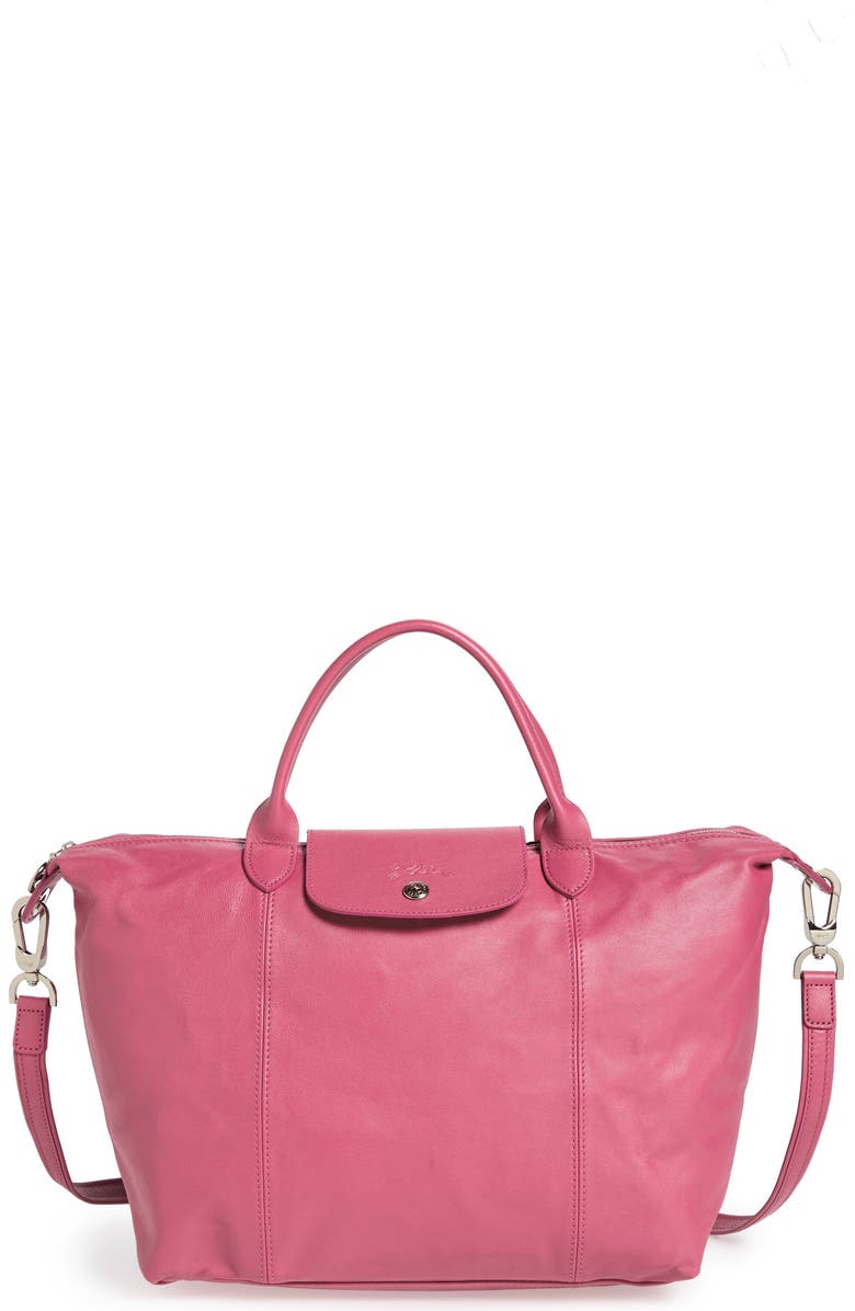Longchamp Medium 'Le Pliage Cuir' Leather Top Handle Tote, Alternate, color, Peony