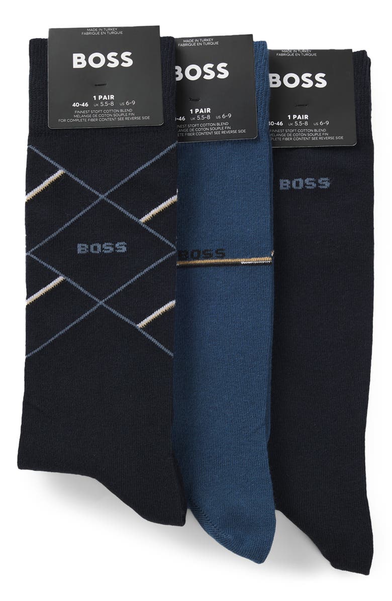 BOSS Assorted 3-Pack Geometric & Solid Cotton Blend Dress Socks Gift Box, Alternate, color, Black