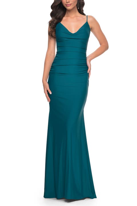 Illusion Back Jersey Dress with Boning Detail