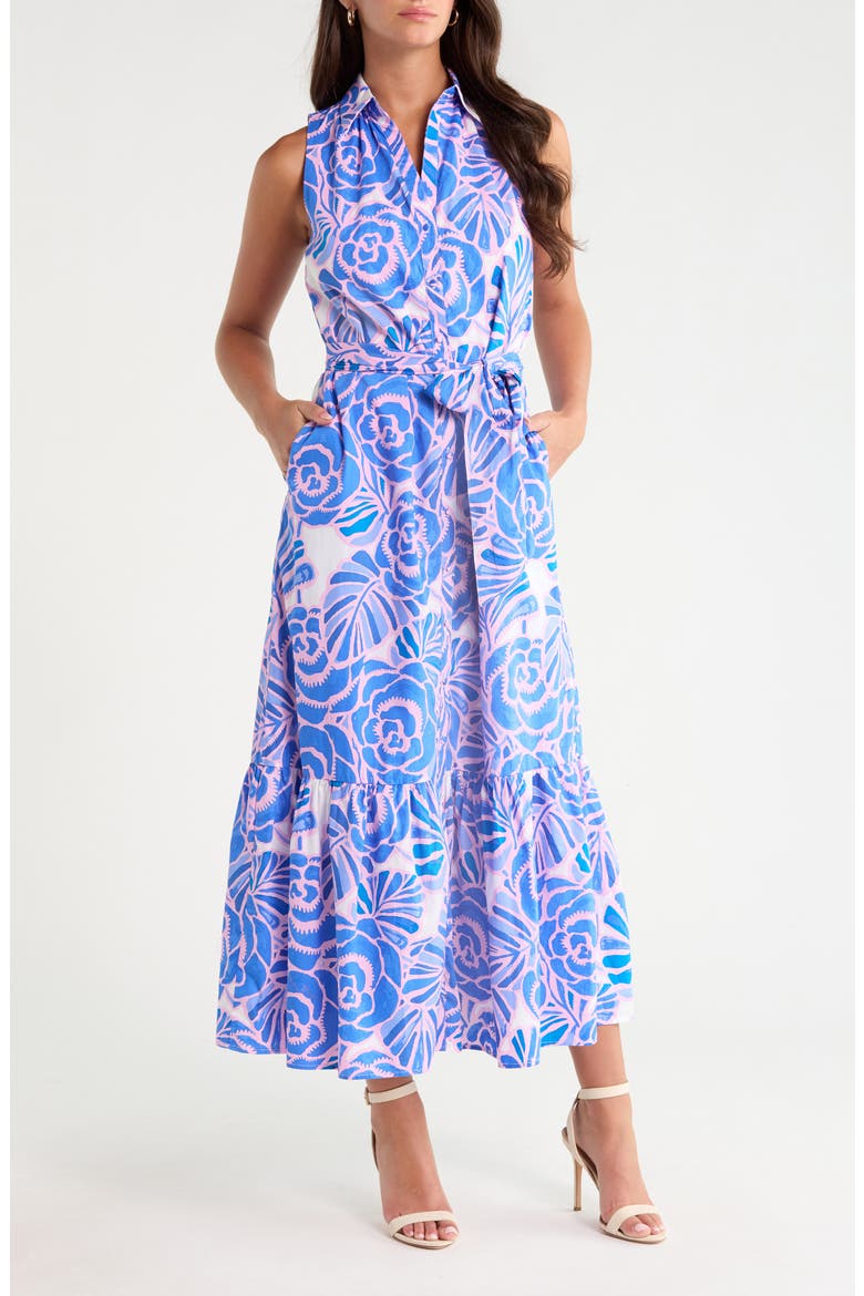 Cileah Floral Sleeveless Cotton Shirtdress, Main, color, WHITE-PINK-BLUES