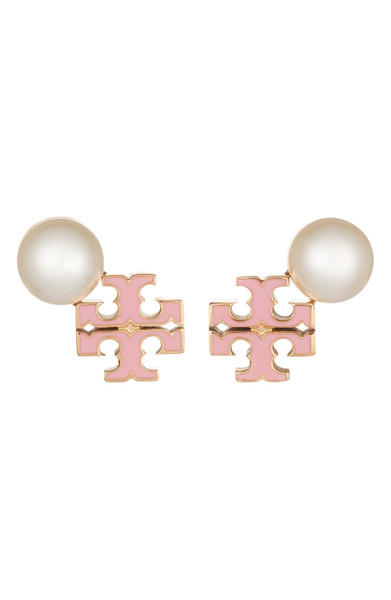 Tory Burch Moondance Faux Pearl & Icon Stud Earrings, Main, color, Tory Gold / Pearl / Pink
