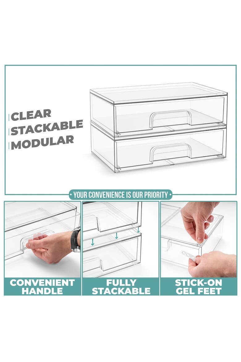 Set of 2 Stackable Acrylic Drawers, Alternate, color, CLEAR