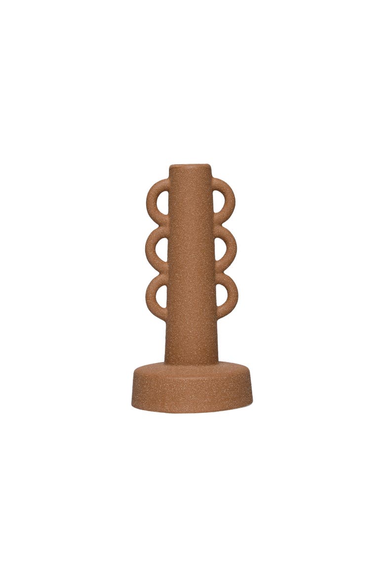 Stoneware Taper Holder with Handles, Terracotta Sand Finish, Main, color, Brown