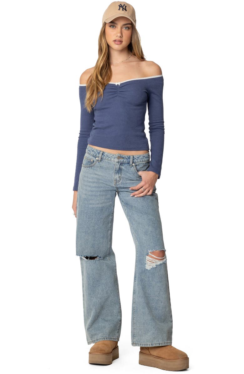 EDIKTED Tal Long Sleeves Off the Shoulder Top, Alternate, color, Navy