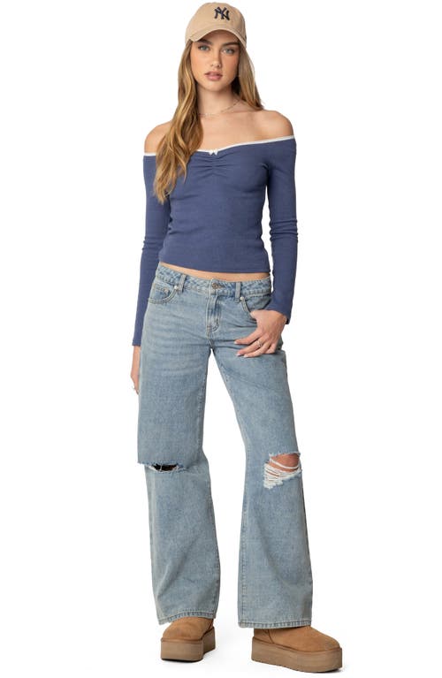 Shop Edikted Tal Long Sleeves Off The Shoulder Top In Navy