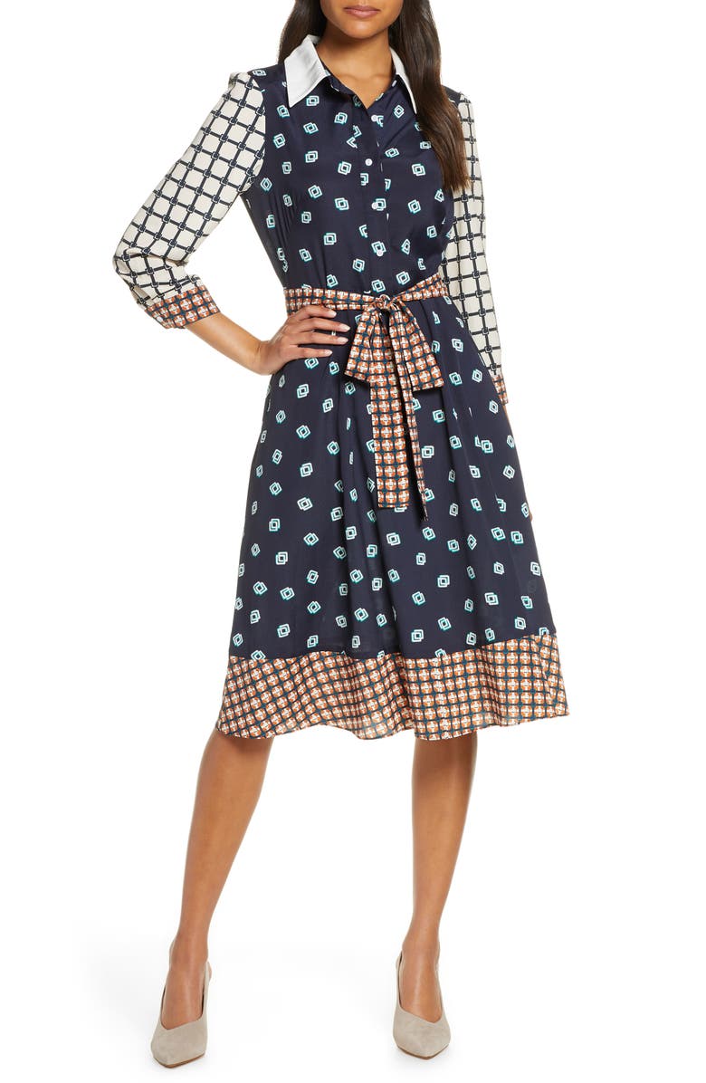 Eliza J Geo Print Belted Shirtdress, Main, color,