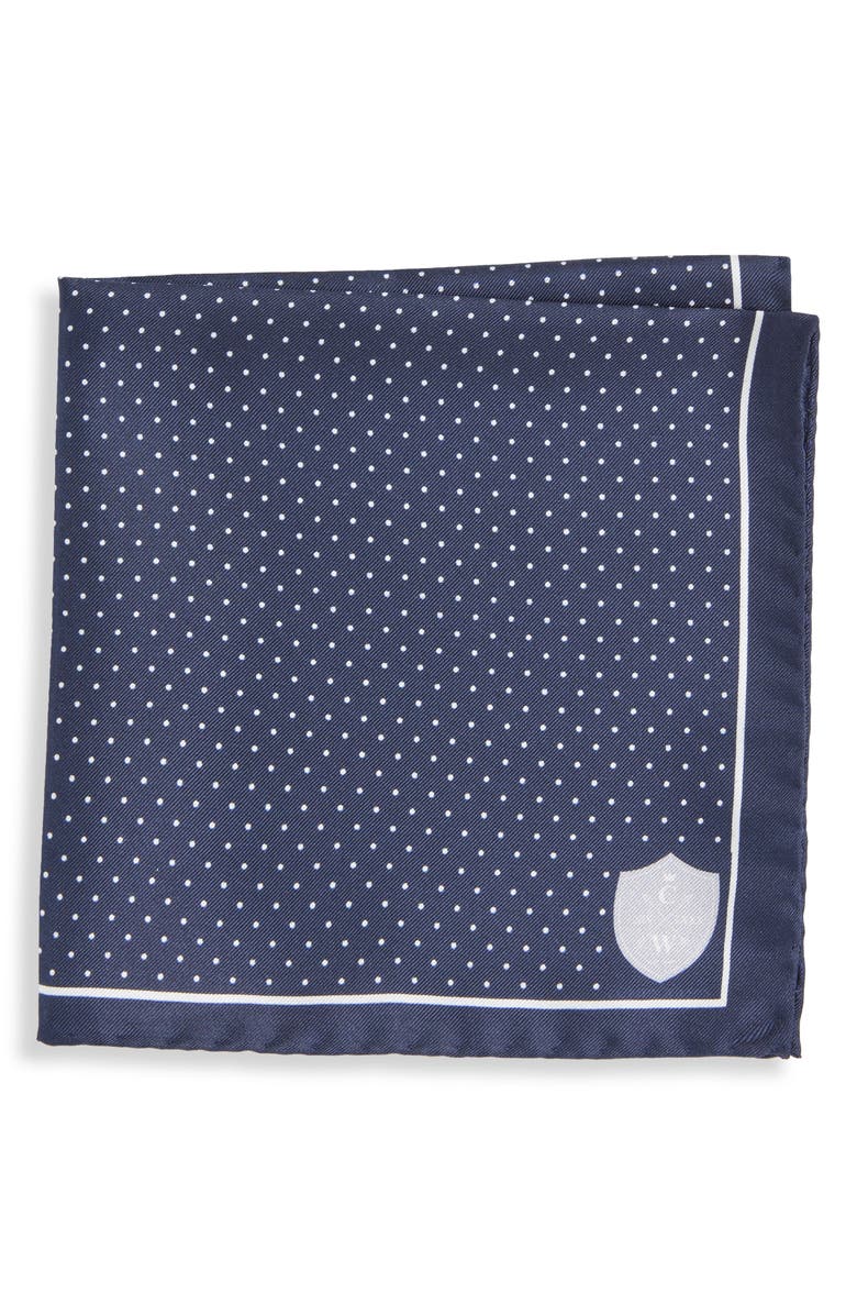 CLIFTON WILSON Polka Dot Silk Pocket Square, Main, color, Navy