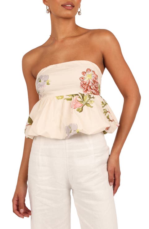 Aurlie Floral Strapless Cotton Peplum Top
