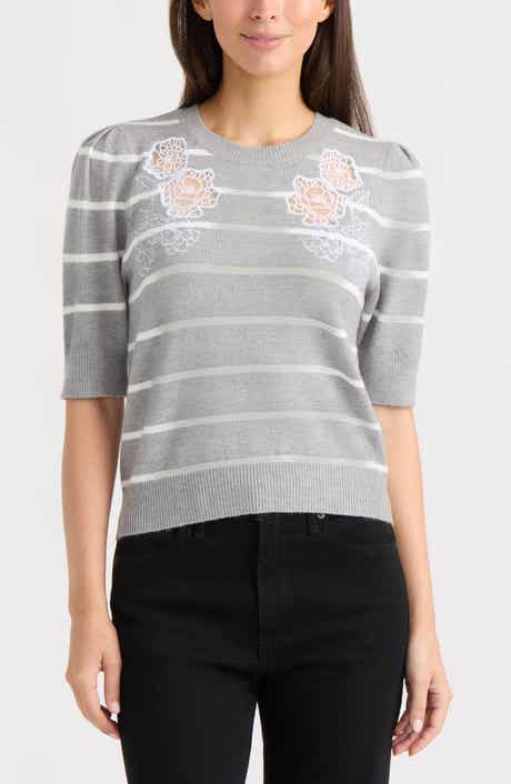 Floral Embroidered Short Sleeve Sweater