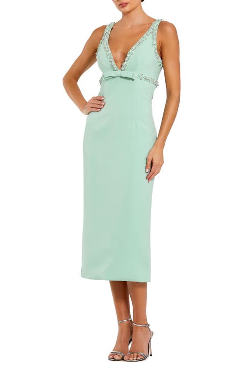 Mac Duggal Crepe Fitted Midi Dress With Bow And Beaded Trim In Sage