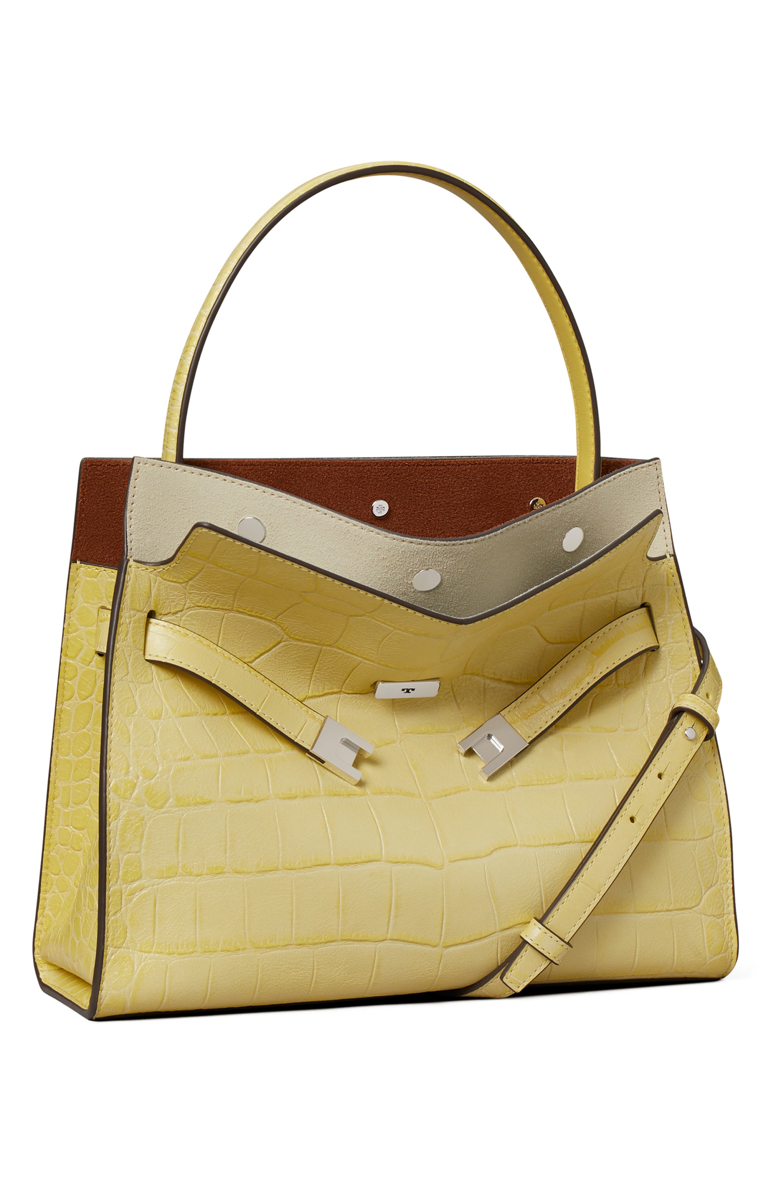 Tory Burch Lee Radziwill Croc Embossed Leather Tote, Alternate, color, Yellow Sky