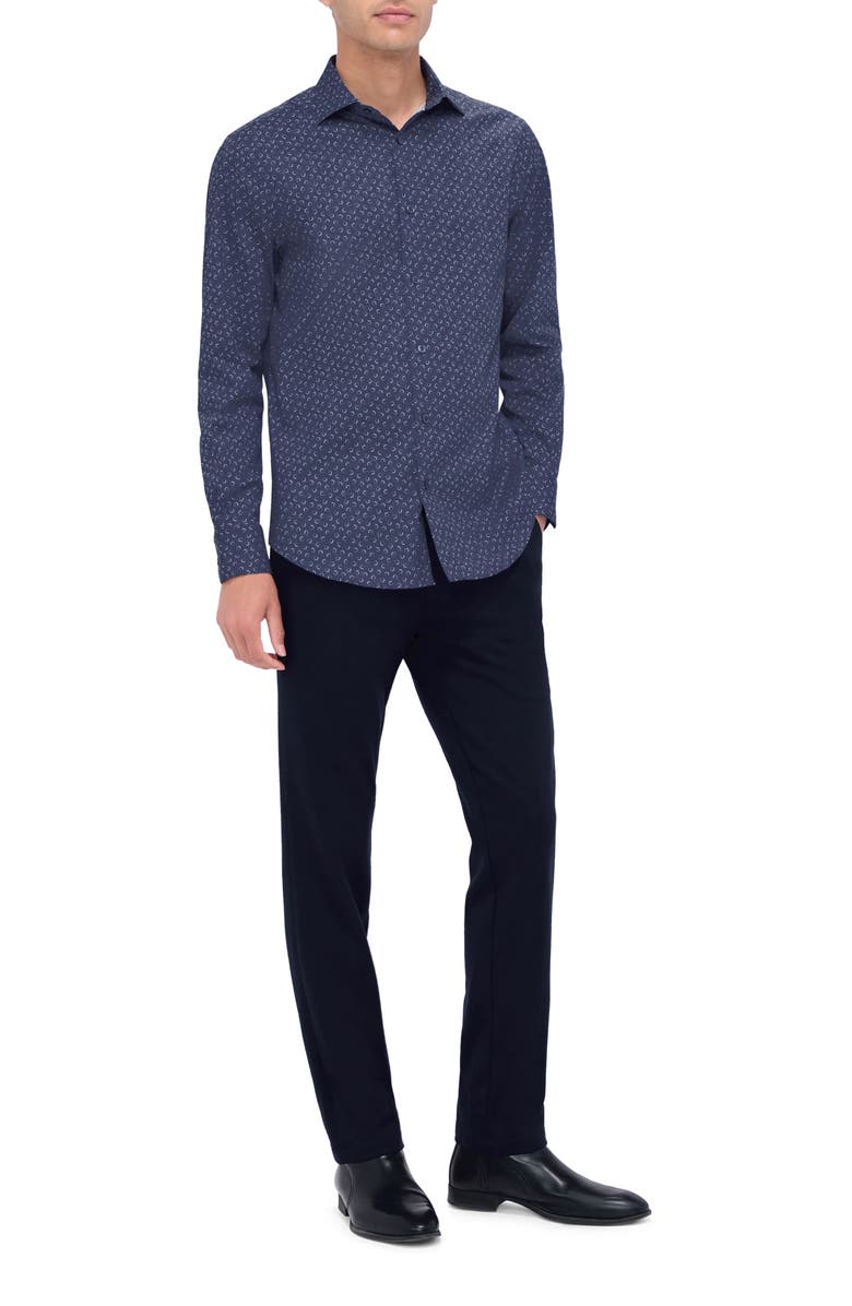 Bugatchi Axel Shaped Fit Trellis Print Stretch Cotton Button-Up Shirt, Alternate, color, Navy