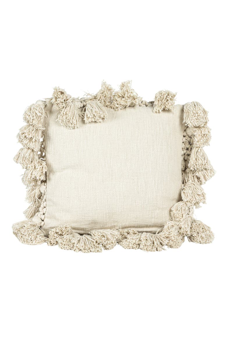 Cotton Slub Pillow with Crochet and Tassels, Cream, Alternate, color, Cream