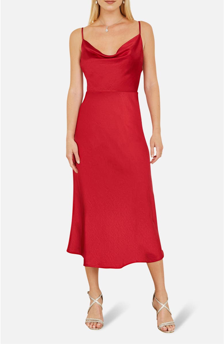 Yumi Satin Cowl Neck Midi Dress, Alternate, color, Red