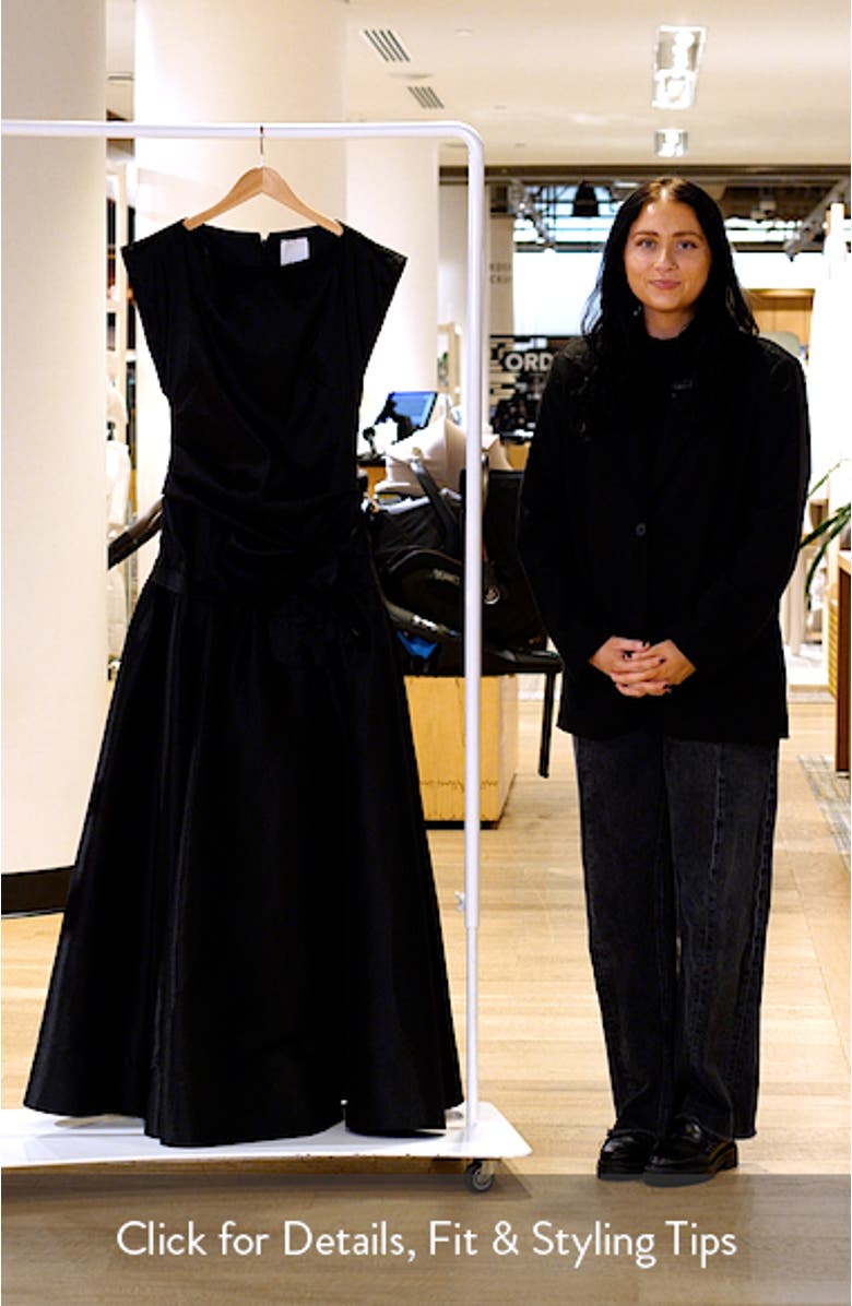 Delph Ruched Floral Appliqué Satin Drop Waist Gown, sales video thumbnail