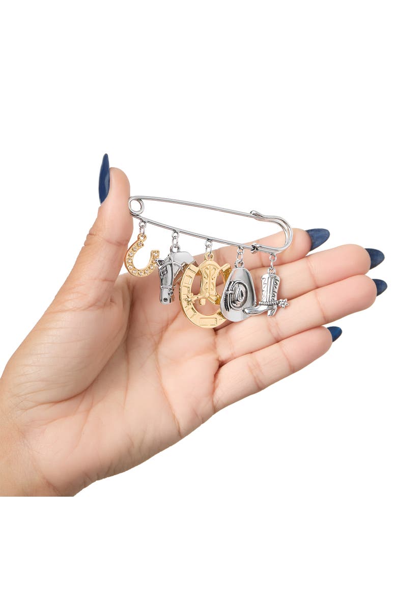 Mixed Metal Rodeo Charm Safety Pin Brooch, Alternate, color, Silver, Gold