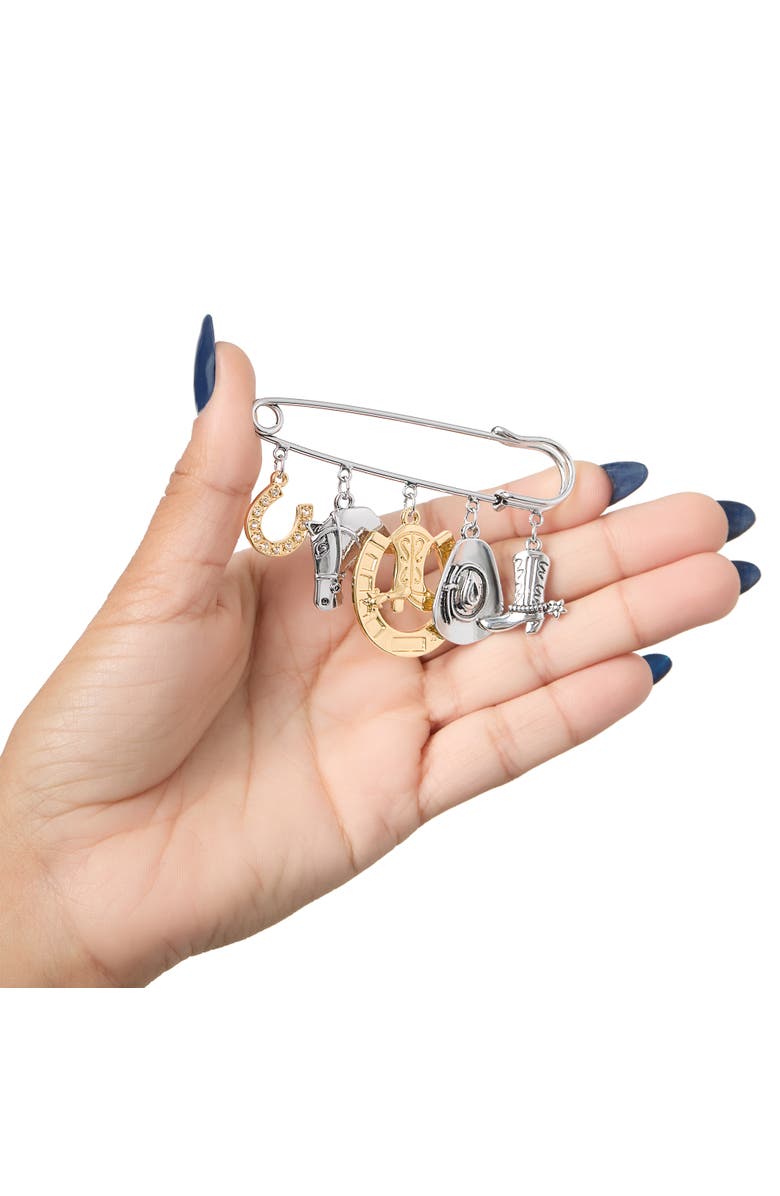 Jessica Simpson Mixed Metal Rodeo Charm Safety Pin Brooch, Alternate, color, Silver, Gold