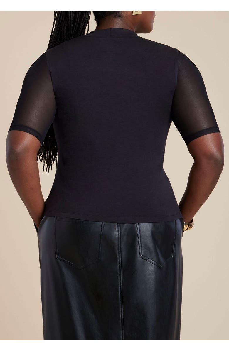 ELOQUII Shirred Mockneck Top With Sheer Sleeve, Alternate, color, Black Onyx