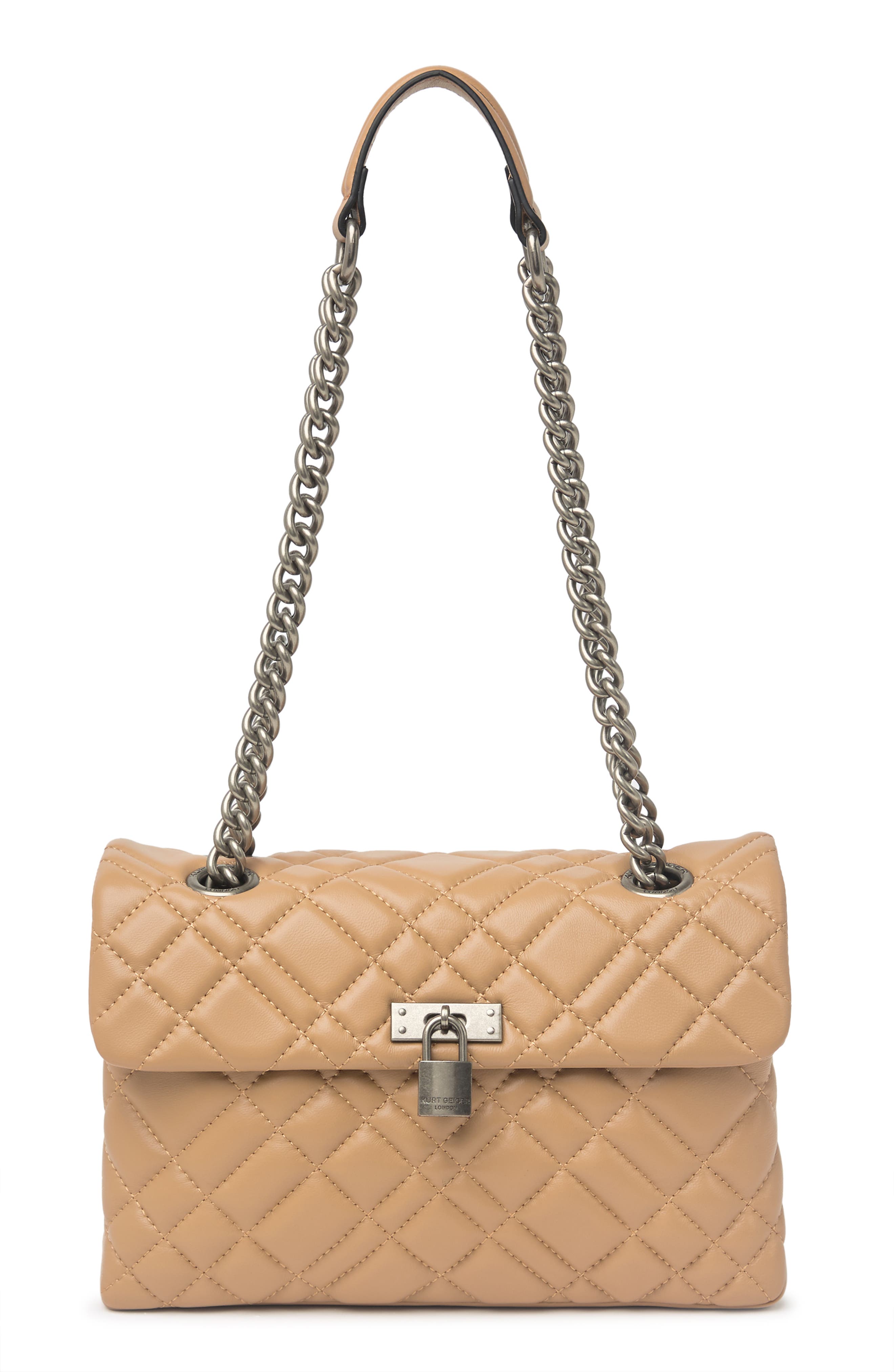 Kurt Geiger Brixton Diamond Quilted Leather Pad Lock Shoulder Bag, Main, color, Light/Pastel Brown