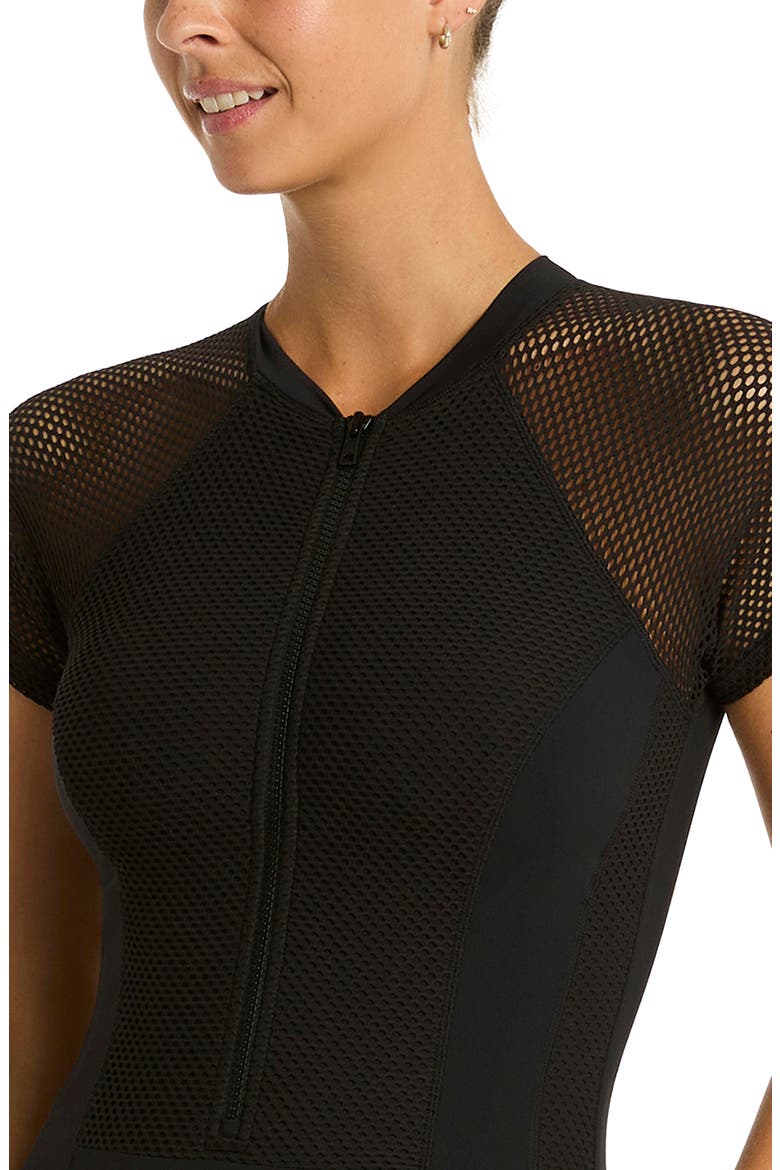 Drift Short Sleeve Front Zip One-Piece Swimsuit, Alternate, color, BLACK