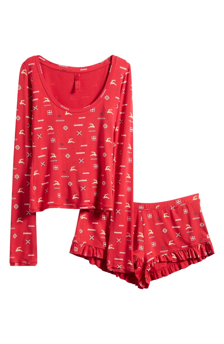 SKIMS Scoop Neck Top & Ruffle Shorts Pajamas, Alternate, color, Cranberry Vintage Deer Print