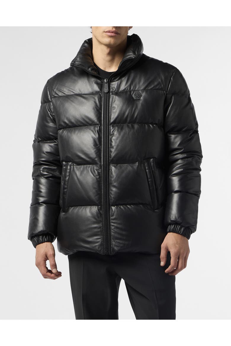 Leather Puffer Jacket Late Checkout Men, Main, color, black