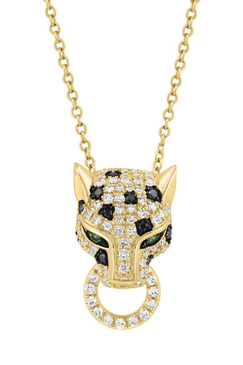 14K Gold Plated Sterling Silver Pavé Diamond & Tsavorite Panther Head Pendant Necklace, Alternate, color, GOLD