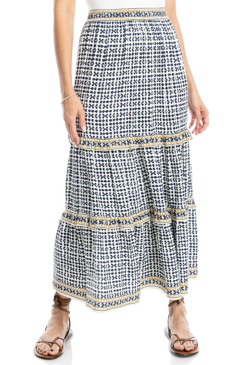 MAX STUDIO Ruffle Tiered Midi Skirt, Main, color, Natural Blues Ikat Stamp